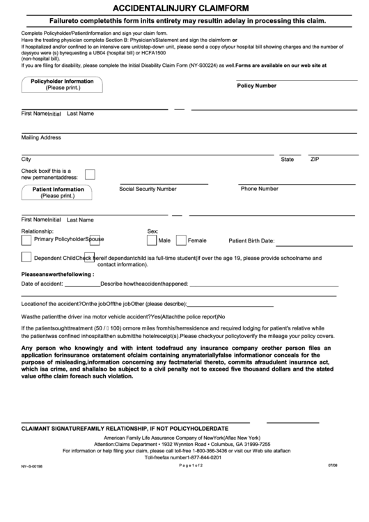 Fillable Form Ny S 00198 Accidental Injury Claim Form 2008