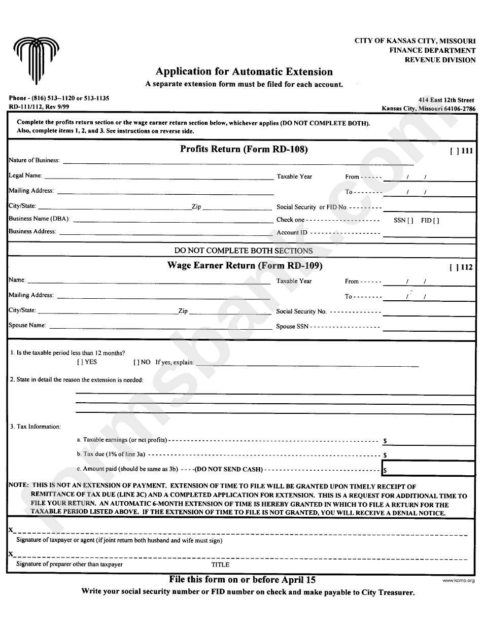 Form Rd Application For Automatic Extension Printable