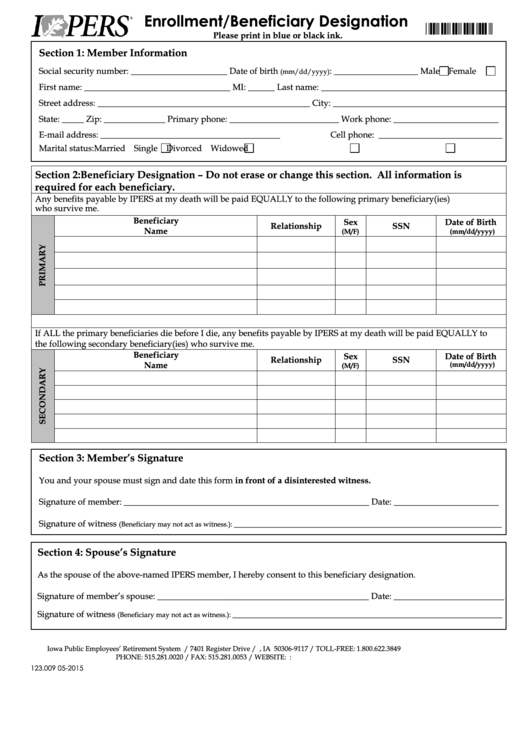 Fillable Form 123 009 Enrollment Beneficiary Designation Iowa