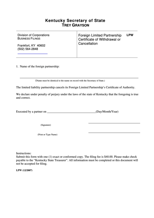 Fillable Form Lpw Foreign Limited Partnership Certificate Of