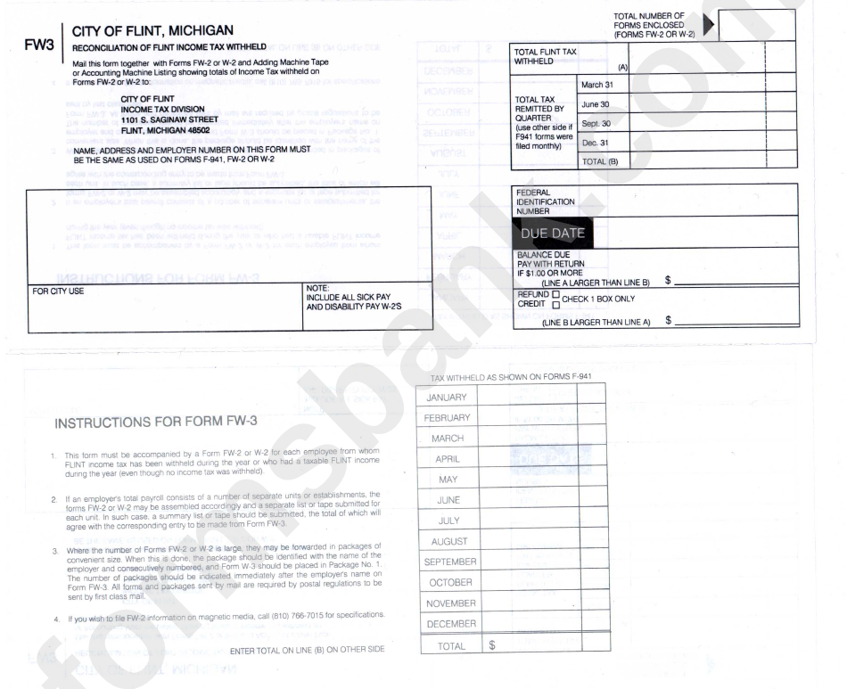 Form Fw 3 Reconciliation Of Flint Income Tax Withheld Printable Pdf