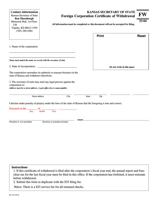 Fillable Form Fw Foreign Corporation Certificate Of Withdrawal