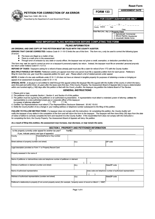 Fillable Form 133 Petition For Correction Of An Error 2016