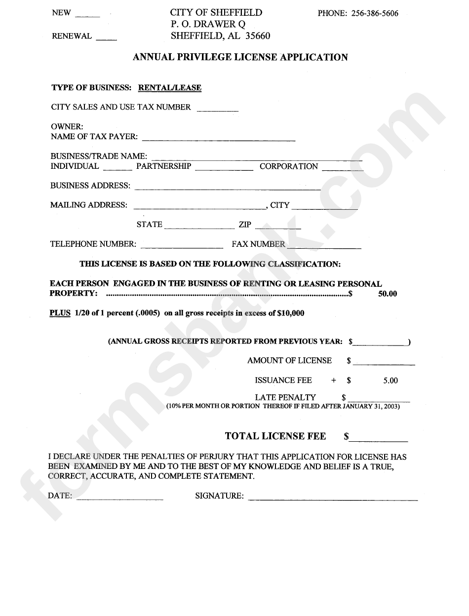 Annual Privilege License Application City Of Sheffield Printable Pdf