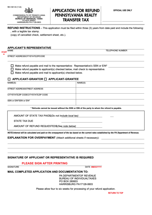 Fillable Form Rev 1651 Application For Refund Pennsylvania Realty