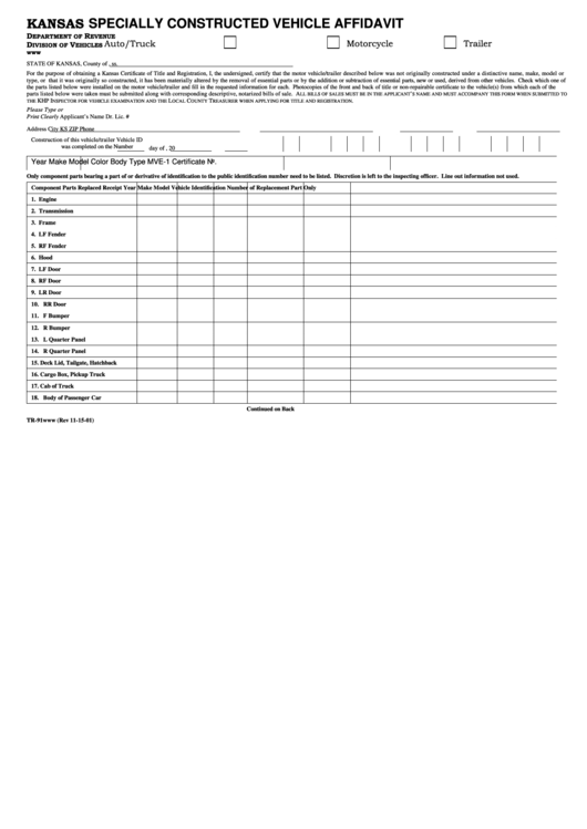 Fillable Form Tr Specially Constructed Vehicle Affidavit Printable