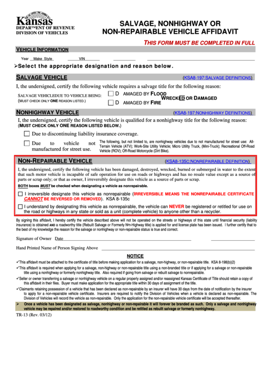 Fillable Form Tr 13 Salvage Nonhighway Or Non Repairable Vehicle