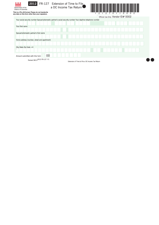 Fillable Form Fr Extension Of Time To File A Dc Income Tax Return