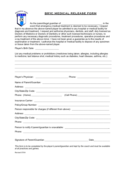 Fillable Bryc Medical Release Form Printable pdf