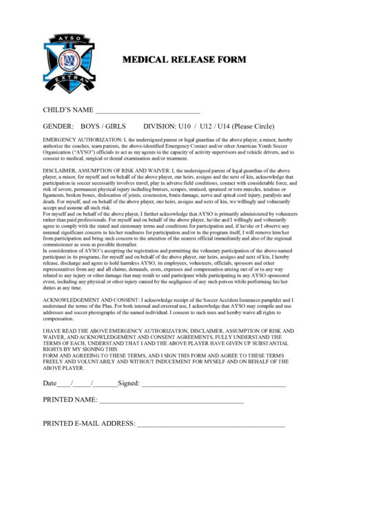 Fillable Ayso Extra Medical Release Form Printable pdf