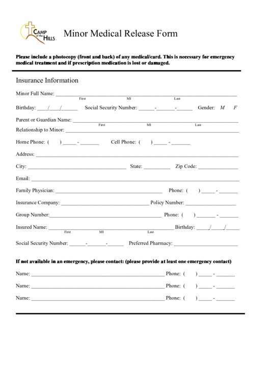 Fillable Minor Medical Release Form Printable pdf