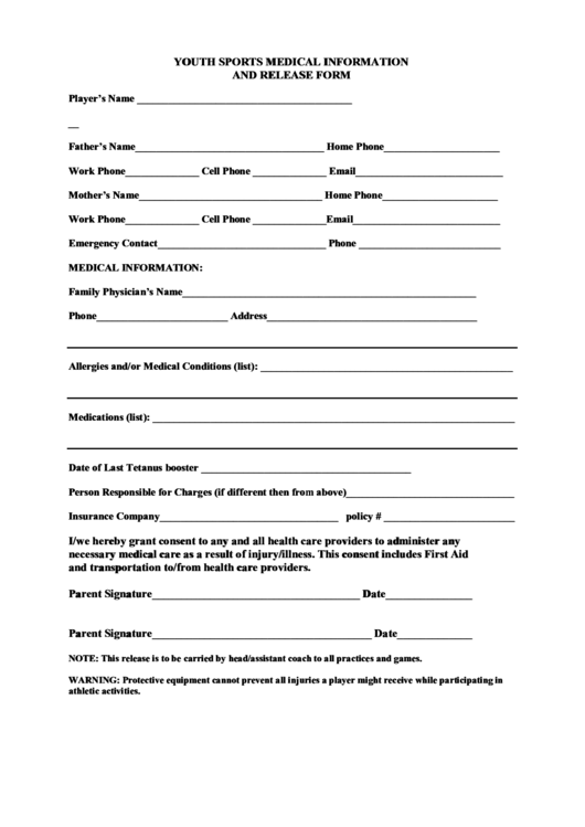 Fillable Youth Sports Medical Information And Release Form Printable pdf