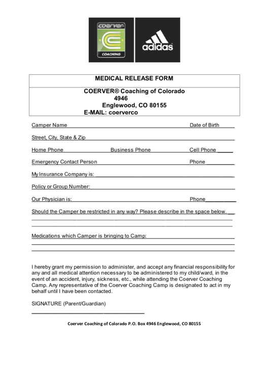 Fillable Coerver Medical Release Form Printable pdf