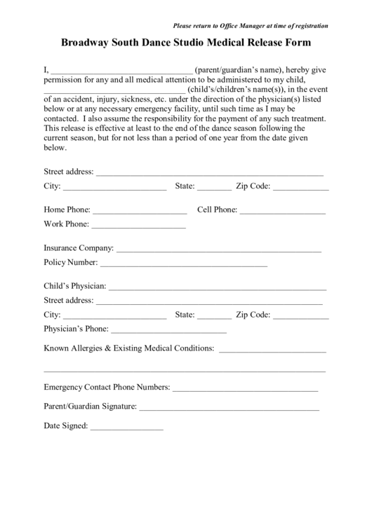 Fillable Broadway South Dance Studio Medical Release Form Printable pdf