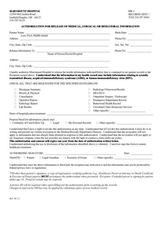 Fillable Marymount Hospital Medical Release Form Printable pdf