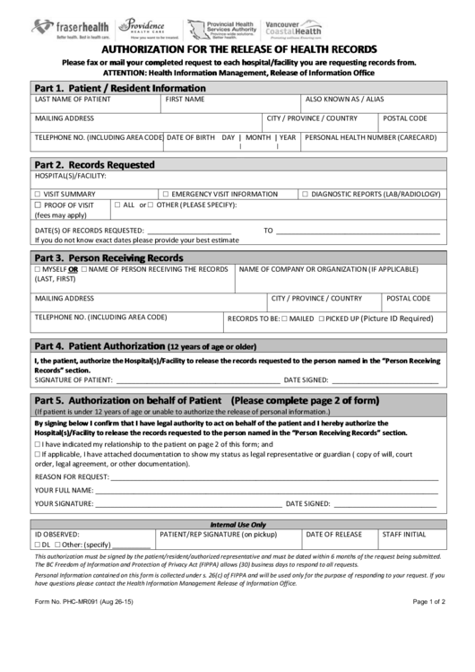Fillable Form Phc-Mr091 - Authorization For The Release Of Health Records Printable pdf