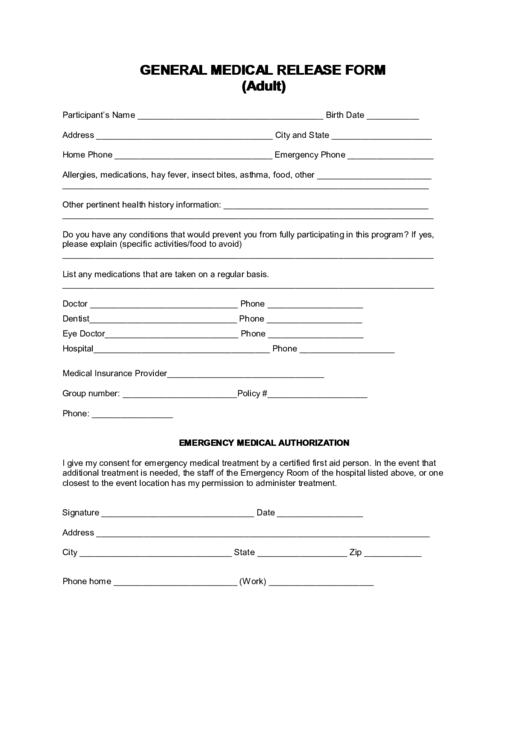 Fillable General Medical Release Form (Adult) Printable pdf