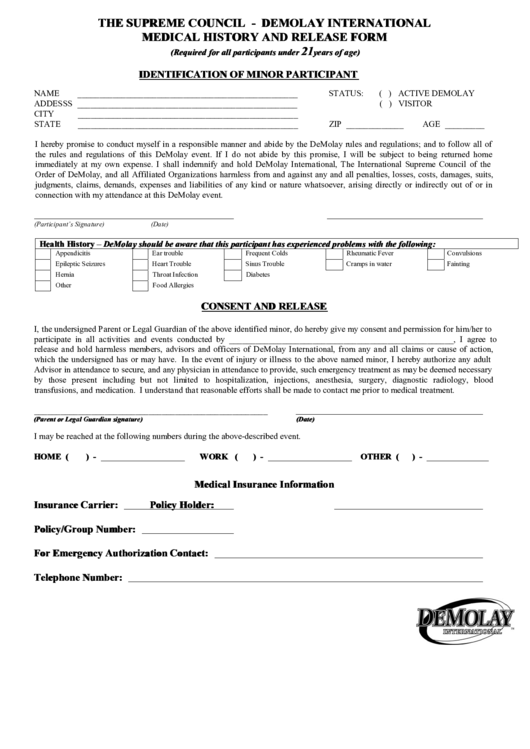 Fillable Demolay International Medical History And Release Form Printable pdf