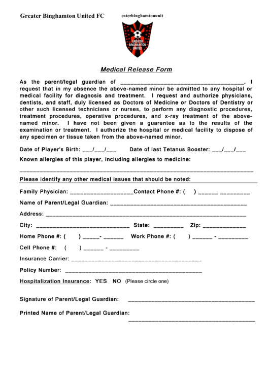 Fillable Greater Binghamton United Medical Release Form Printable pdf