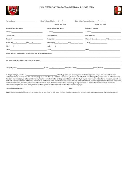 Fillable Pwsi Emergency Contact And Medical Release Form Printable pdf