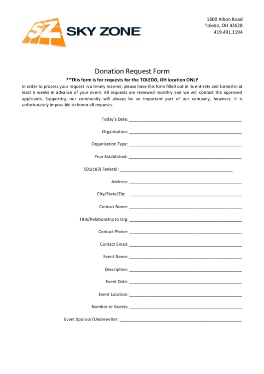 Fillable Sky Zone Donation Request Form Printable pdf