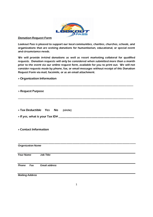 Fillable Lookout Pass Donation Request Form Printable pdf