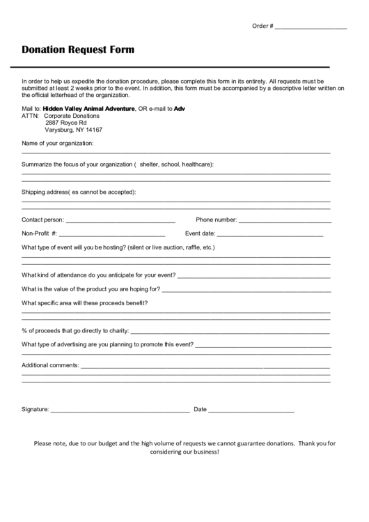 Fillable Hidden Valley Animal Adventure Donation Request Form Printable pdf