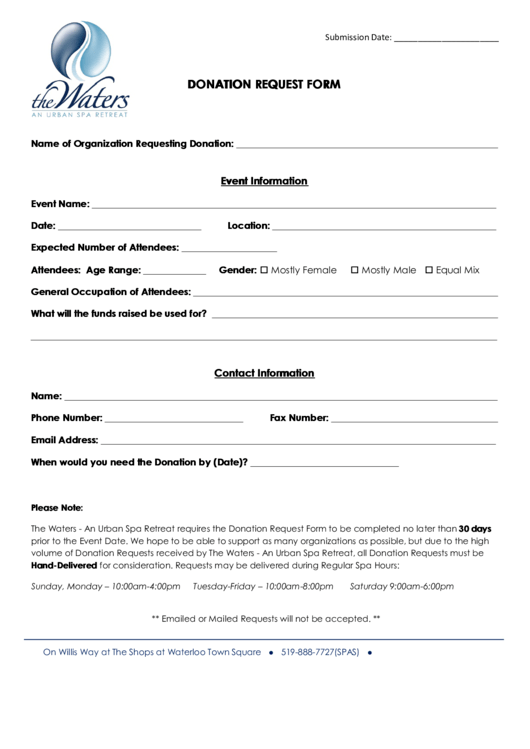 Fillable The Waters Donation Request Form Printable pdf