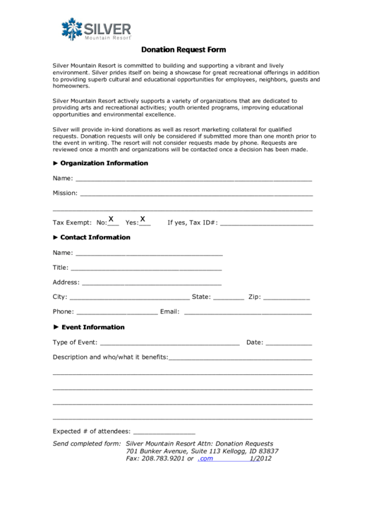 Fillable Silver Mountain Resort Donation Request Form Printable pdf