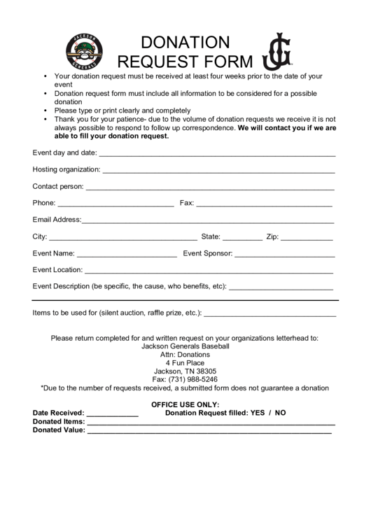 Fillable Jg Donation Request Form Printable pdf