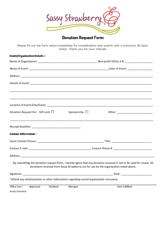Fillable Sassy Strawberry Donation Request Form Printable pdf