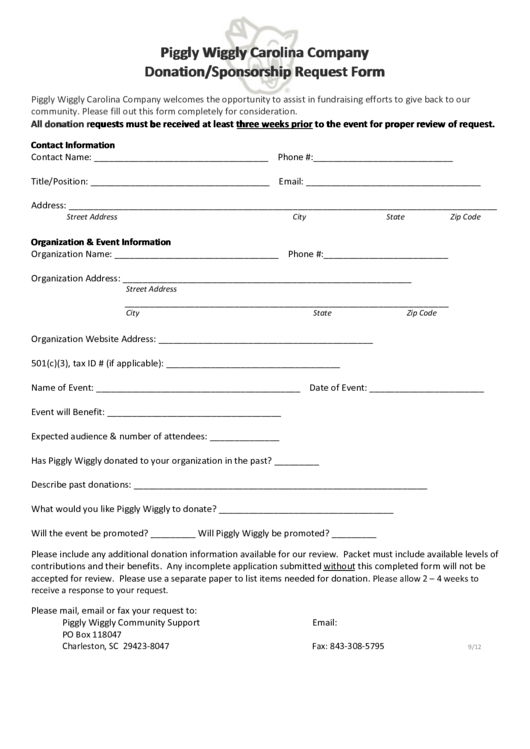 Fillable Piggly Wiggly Carolina Company Donation/sponsorship Request Form Printable pdf