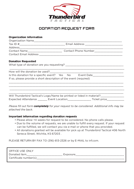 Fillable Thunderbird Tactical Donation Request Form Printable pdf