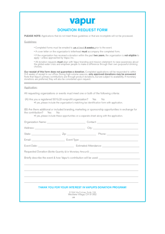 Fillable Vapur Donation Request Form Printable pdf