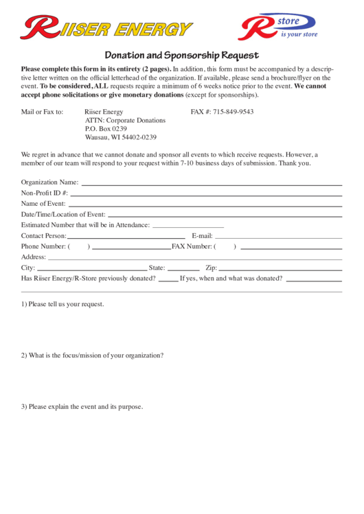 Fillable Riiser Energy Donation Request Form Printable pdf