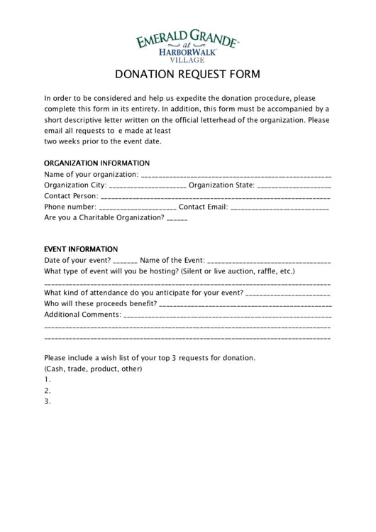 Fillable Emerald Grande Donation Request Form Printable pdf