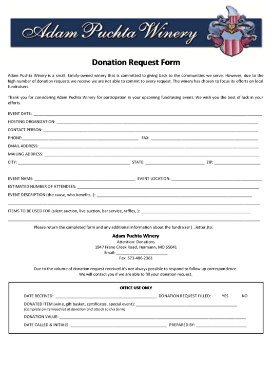 Fillable Adam Puchta Winery Donation Request Form Printable pdf