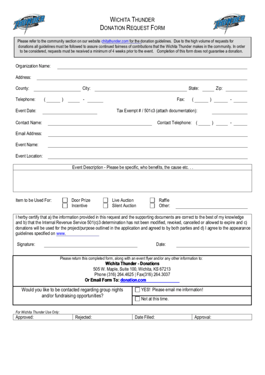 Fillable Wichita Thunder Donation Request Form Printable pdf