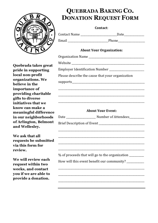 Fillable Quebrada Baking Co Donation Request Form Printable pdf