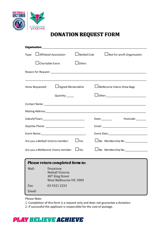 Fillable Netball Victoria Donation Request Form Printable pdf