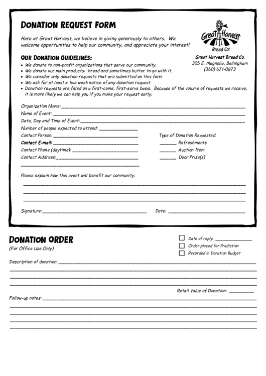 Fillable Great Harvest Bread Donation Request Form Printable pdf