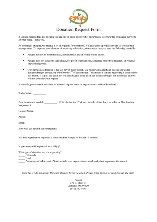 Fillable Pangea Donation Request Form Printable pdf
