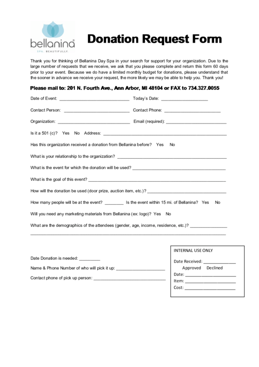 Fillable Bellania Donation Request Form Printable pdf