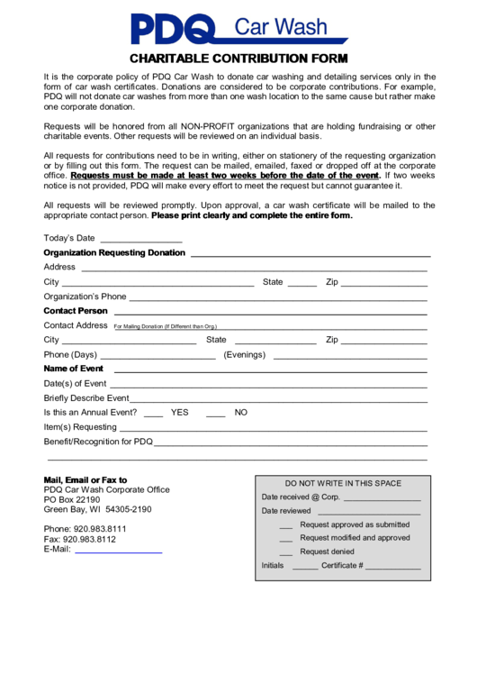 Fillable Pdq Car Wash Contribution Form Printable pdf