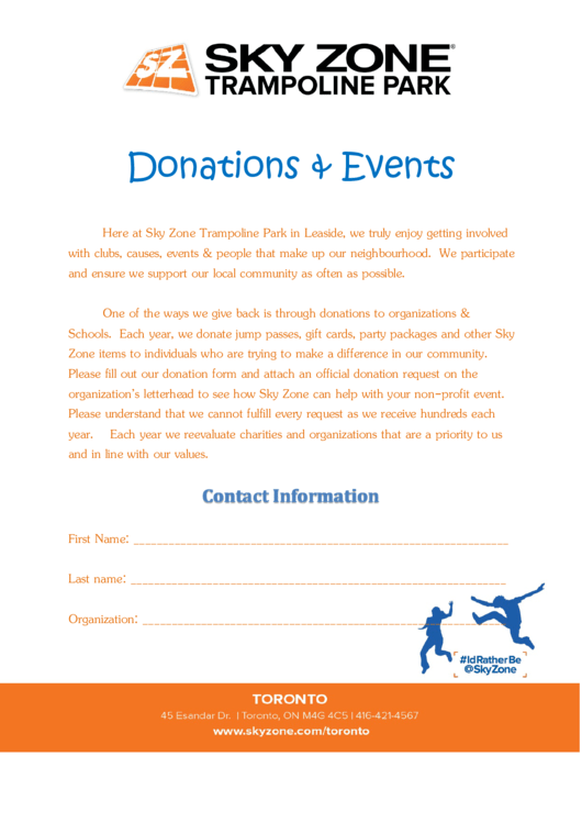 Fillable Sky Zone Donation & Events Printable pdf
