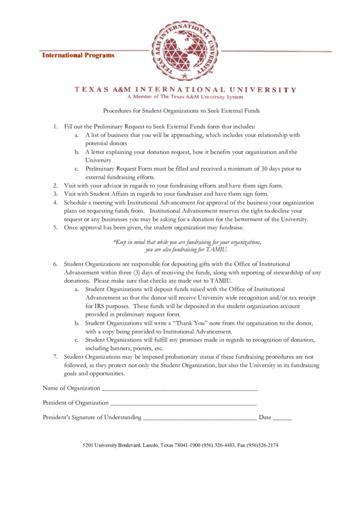 Fillable Texas A&m International University Preliminary Request To Seek External Funds Printable pdf