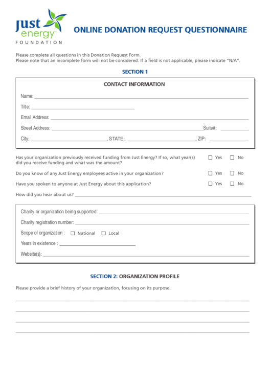 Fillable Just Energy Online Donation Request Questionnaire Printable pdf