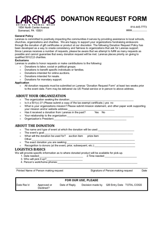 Fillable Larenas Donation Request Form Printable pdf