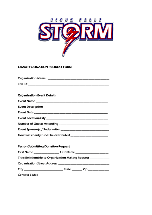 Fillable Sioux Falls Storm Charity Donation Request Form printable pdf