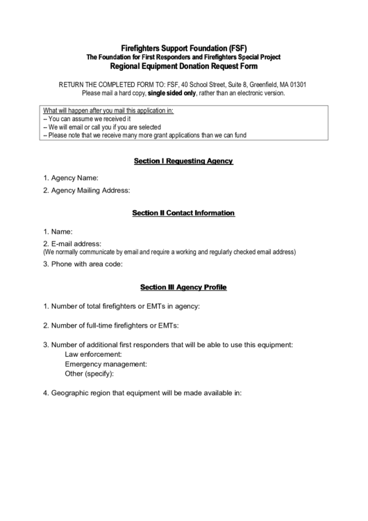 Fillable Fsf Regional Equipment Donation Request Form Printable pdf